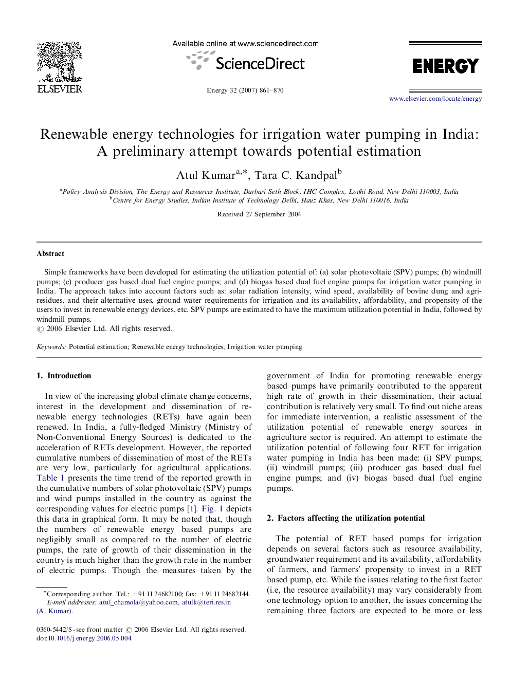 Renewable energy technologies for irrigation water pumping in India: A preliminary attempt towards potential estimation