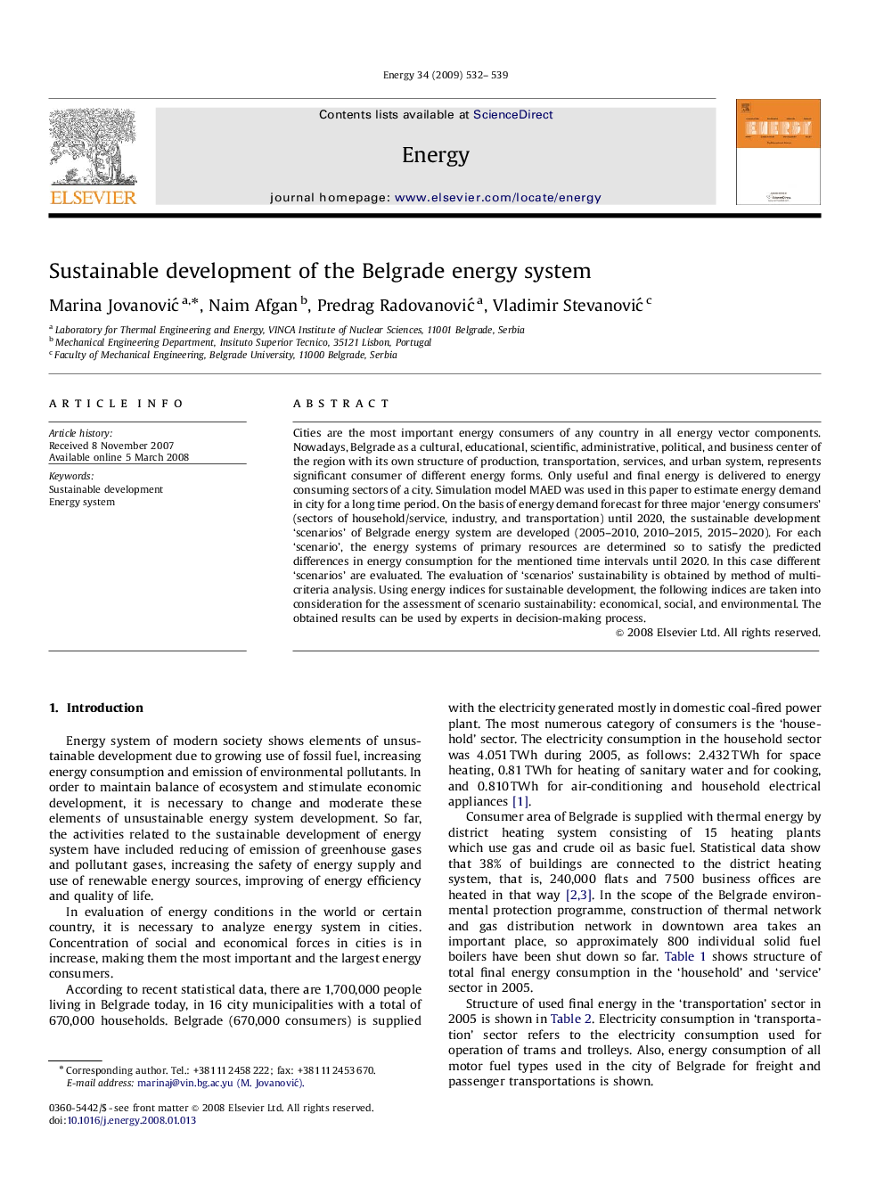 Sustainable development of the Belgrade energy system