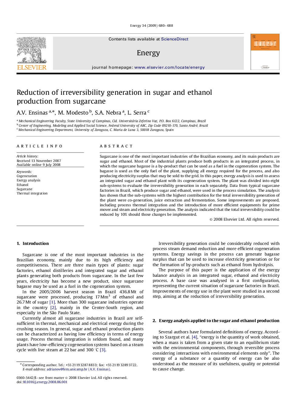 Reduction of irreversibility generation in sugar and ethanol production from sugarcane