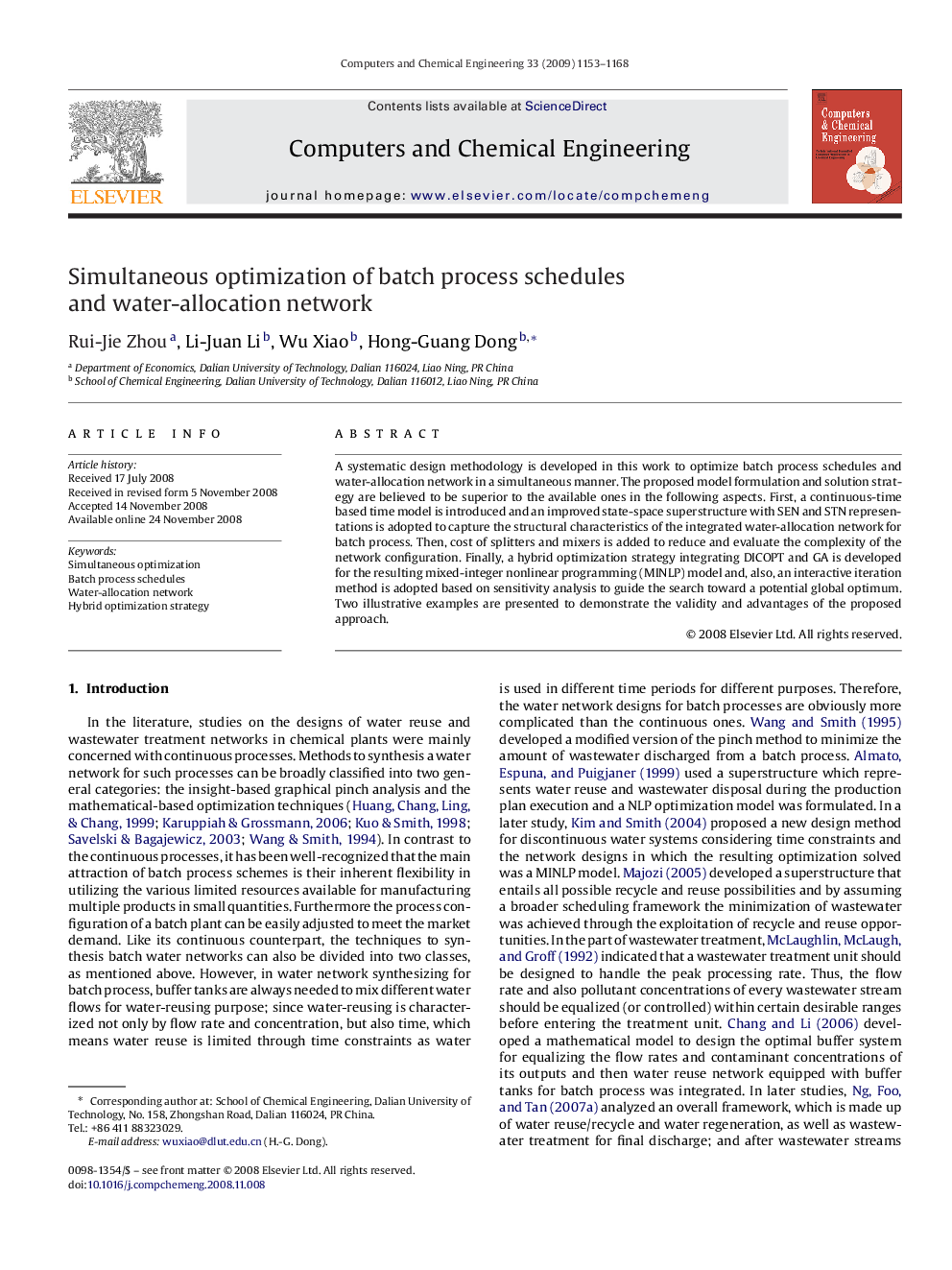 Simultaneous optimization of batch process schedules and water-allocation network