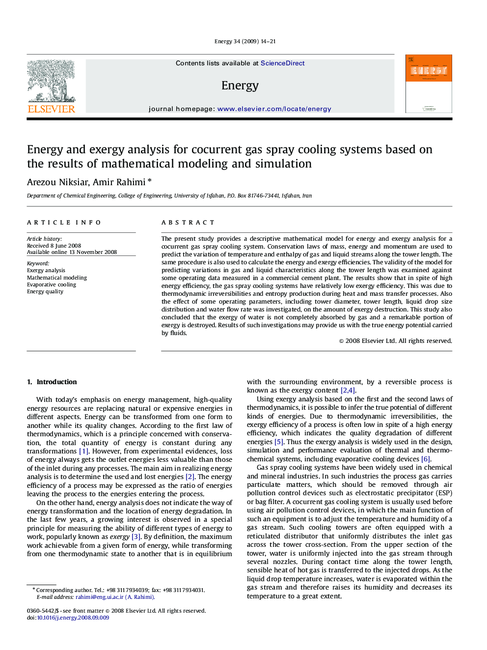 Energy and exergy analysis for cocurrent gas spray cooling systems based on the results of mathematical modeling and simulation