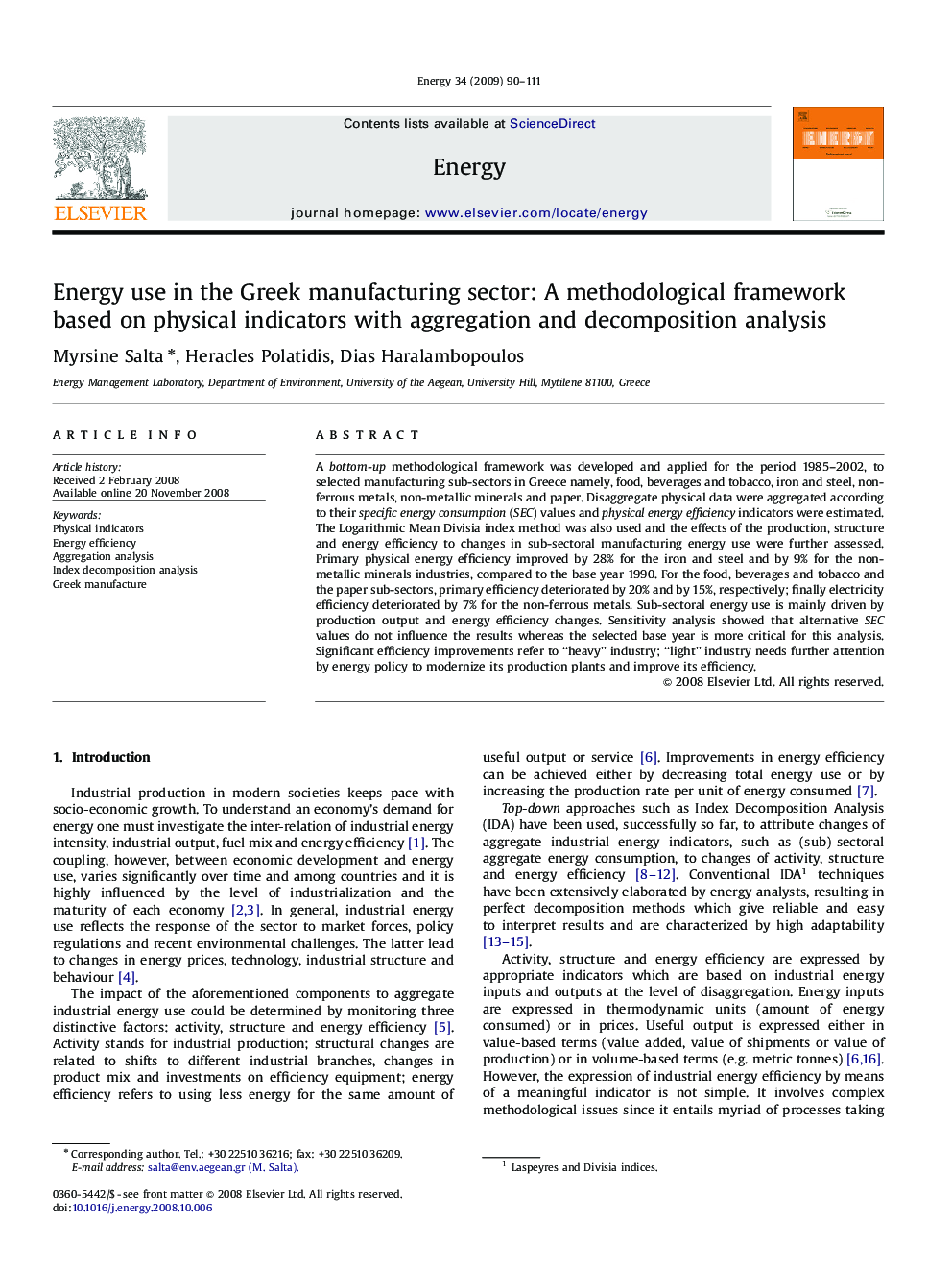 Energy use in the Greek manufacturing sector: A methodological framework based on physical indicators with aggregation and decomposition analysis