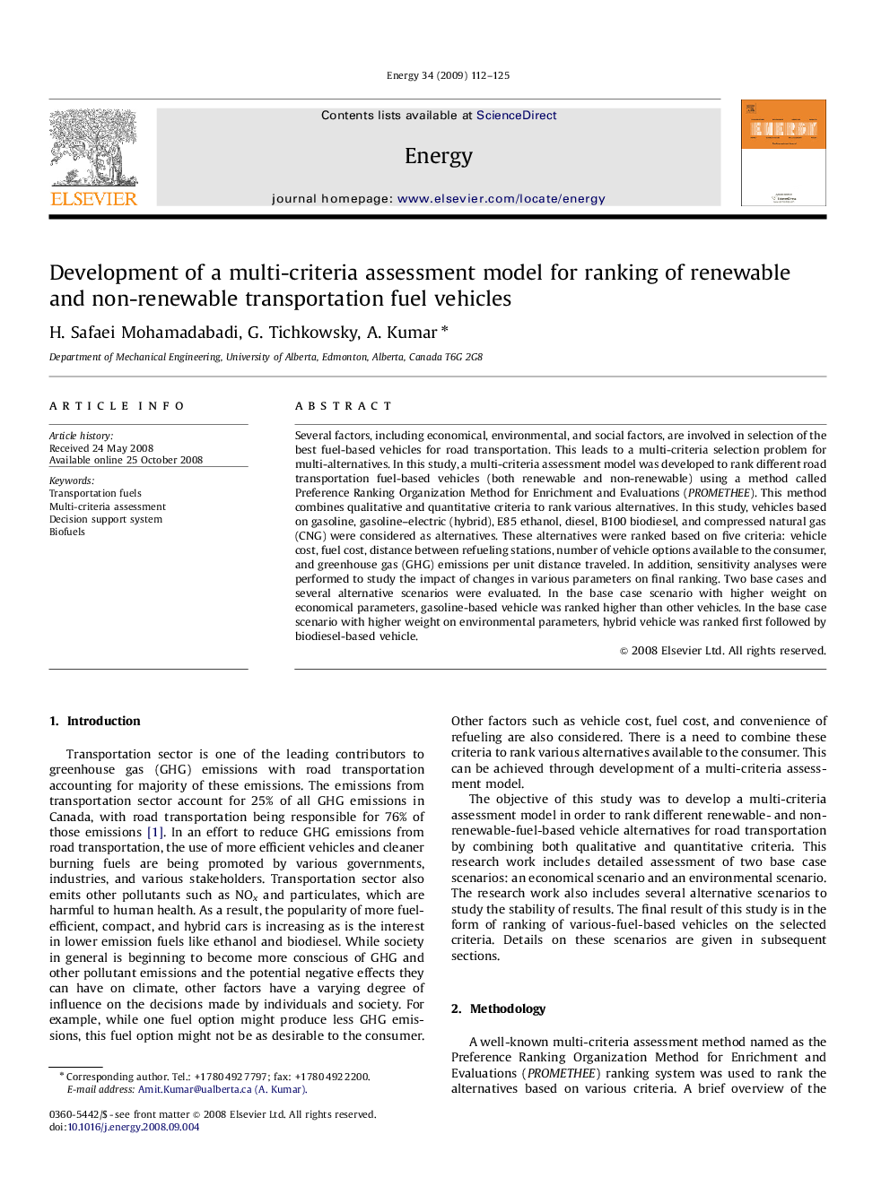 Development of a multi-criteria assessment model for ranking of renewable and non-renewable transportation fuel vehicles