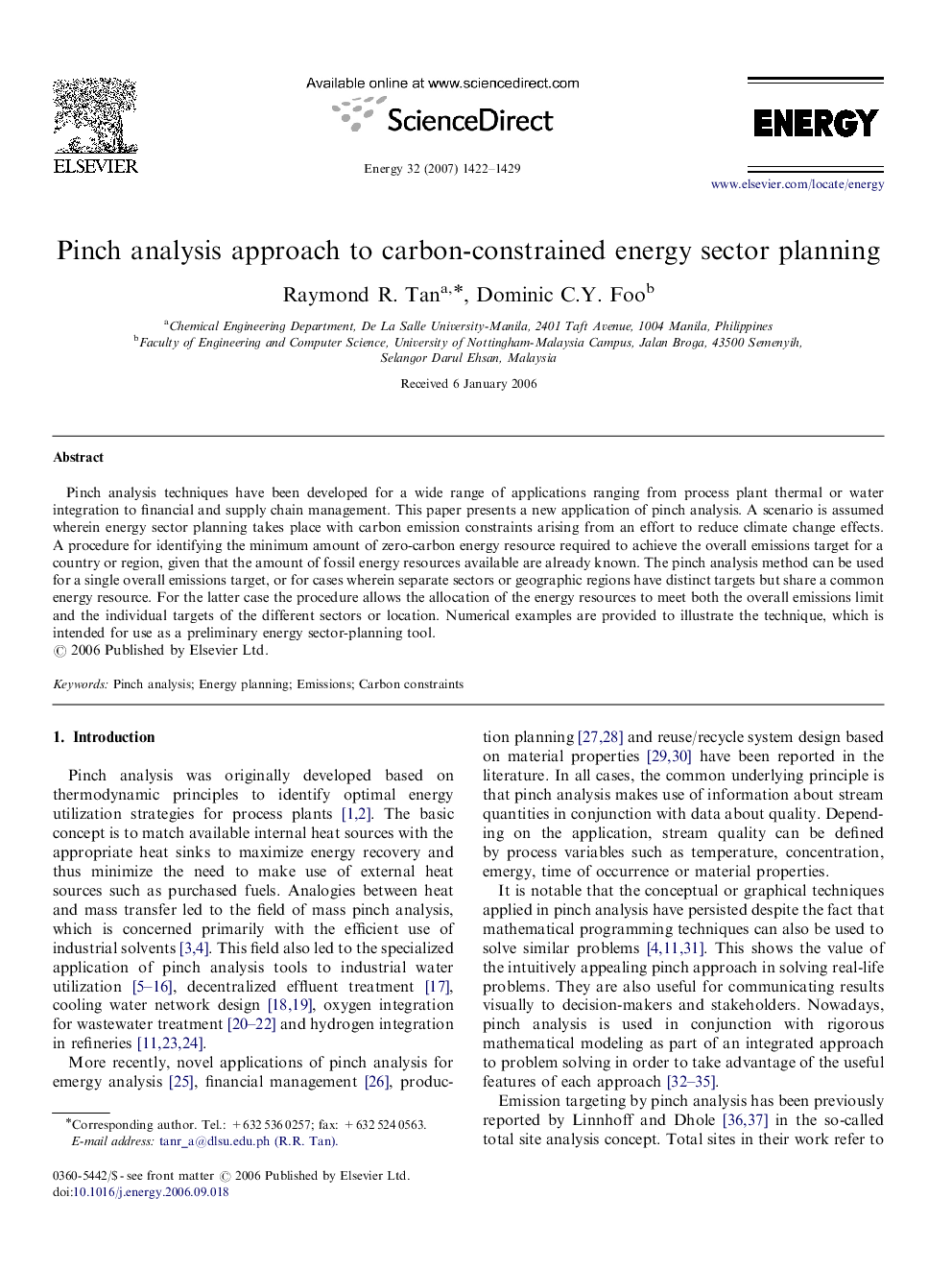 Pinch analysis approach to carbon-constrained energy sector planning