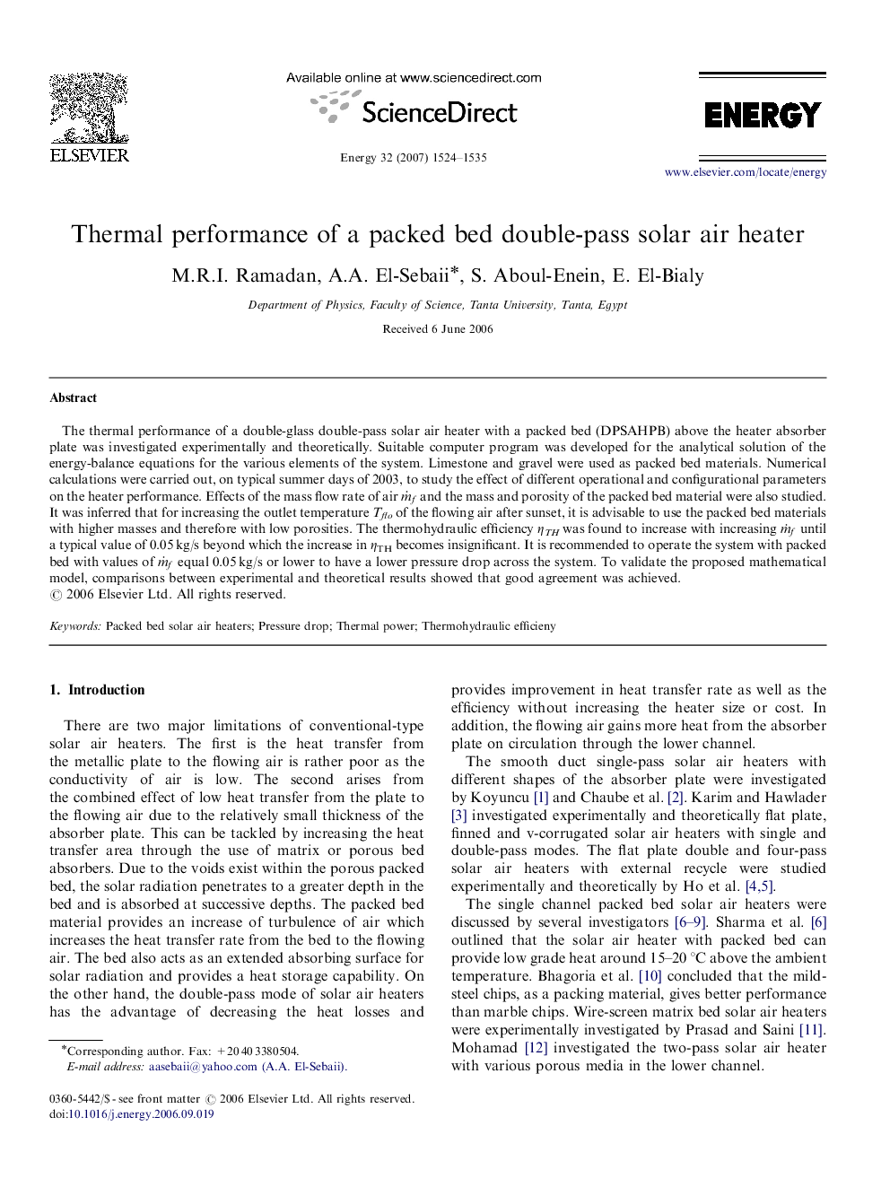 Thermal performance of a packed bed double-pass solar air heater