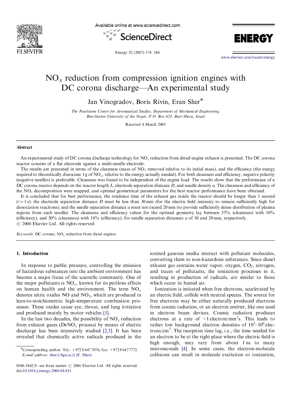 NOx reduction from compression ignition engines with DC corona discharge—An experimental study