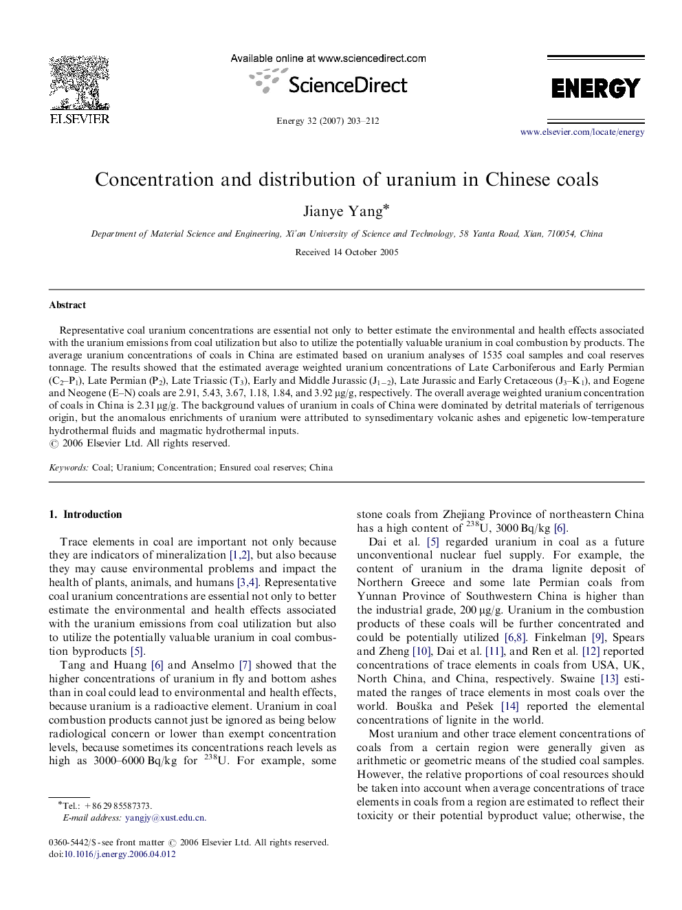 Concentration and distribution of uranium in Chinese coals