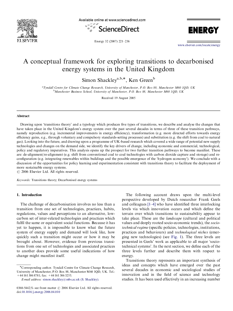 A conceptual framework for exploring transitions to decarbonised energy systems in the United Kingdom