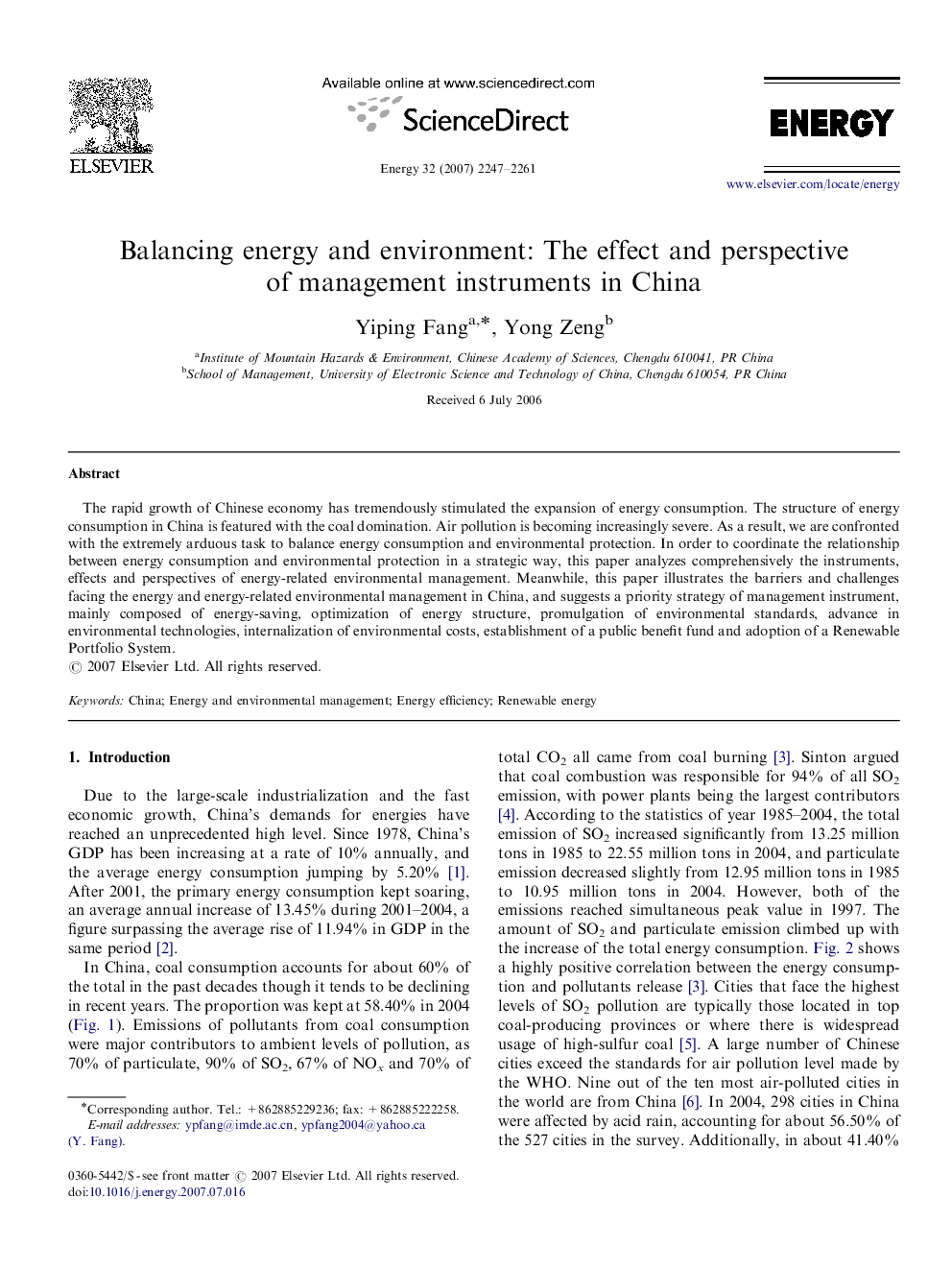 Balancing energy and environment: The effect and perspective of management instruments in China