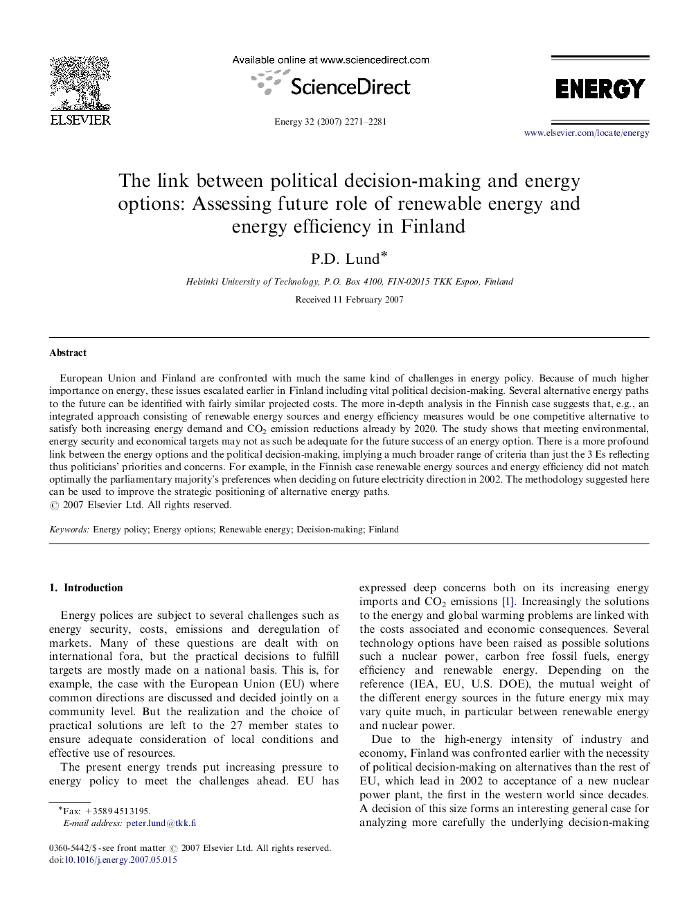 The link between political decision-making and energy options: Assessing future role of renewable energy and energy efficiency in Finland