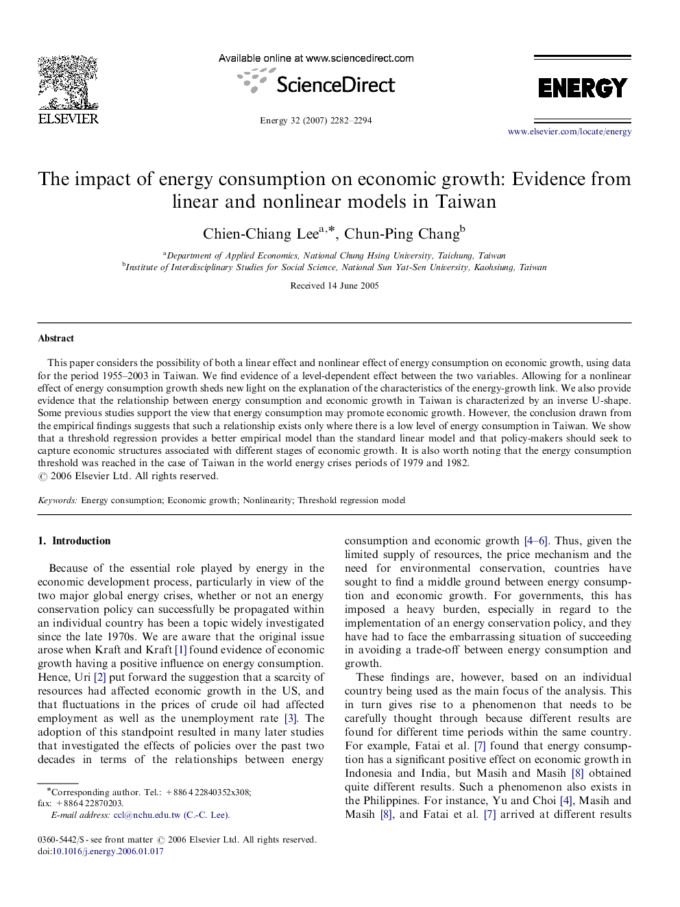 The impact of energy consumption on economic growth: Evidence from linear and nonlinear models in Taiwan