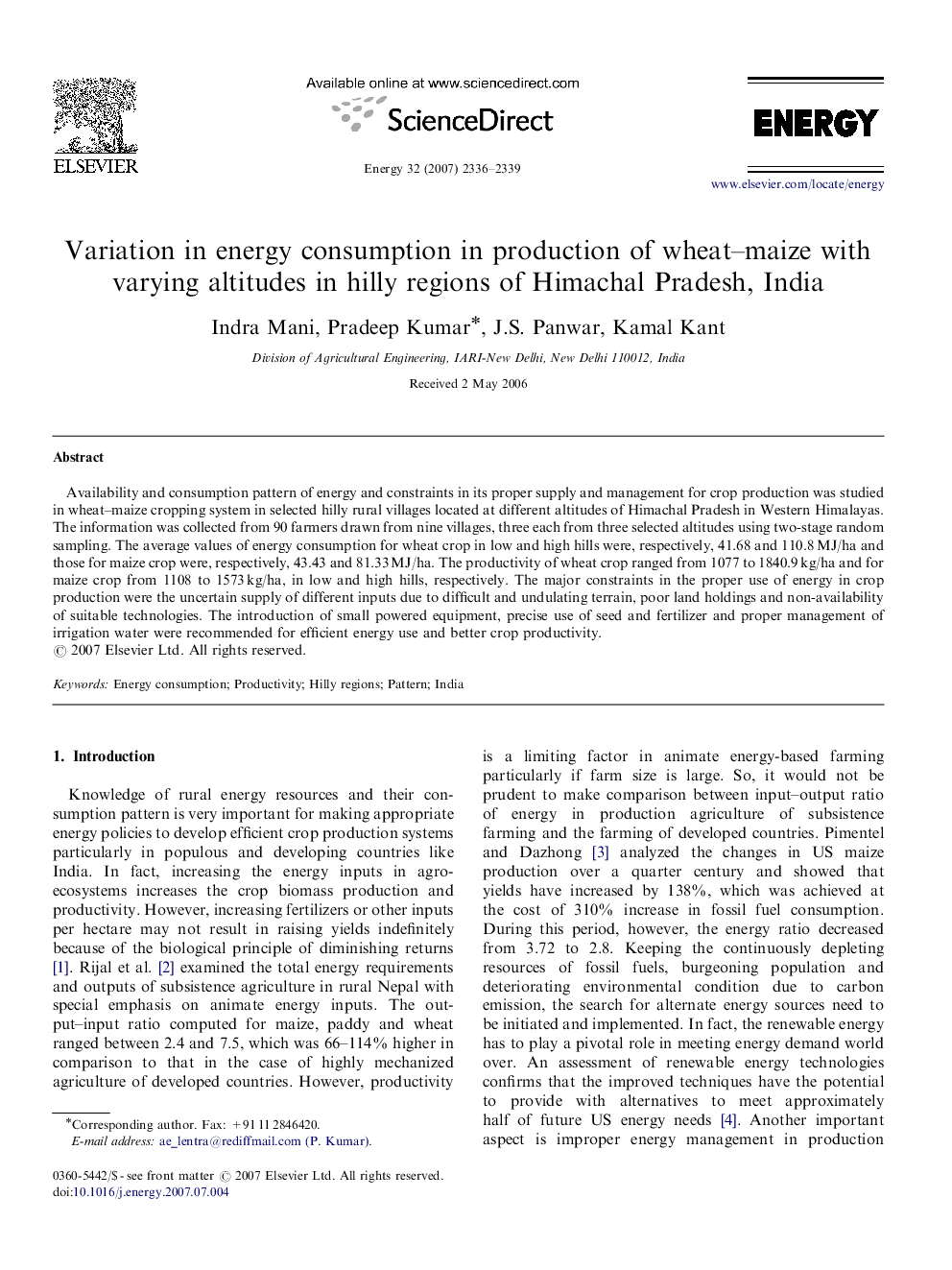 Variation in energy consumption in production of wheat–maize with varying altitudes in hilly regions of Himachal Pradesh, India