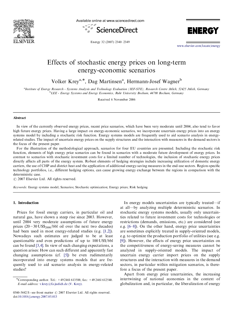 Effects of stochastic energy prices on long-term energy-economic scenarios