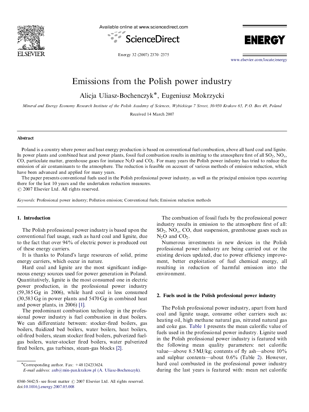 Emissions from the Polish power industry