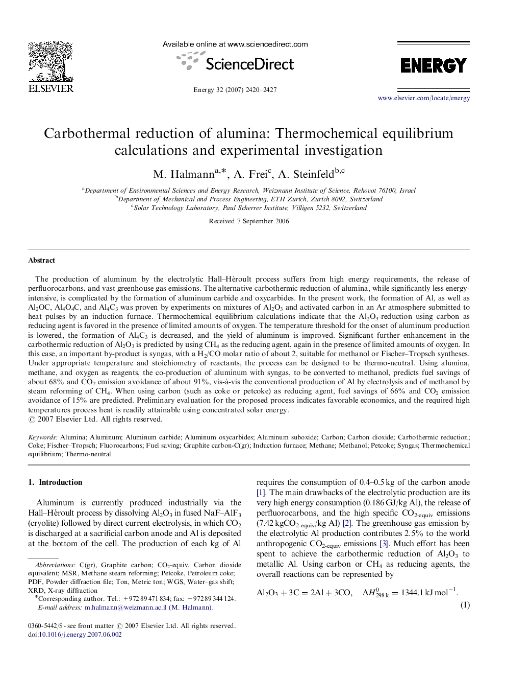 Carbothermal reduction of alumina: Thermochemical equilibrium calculations and experimental investigation