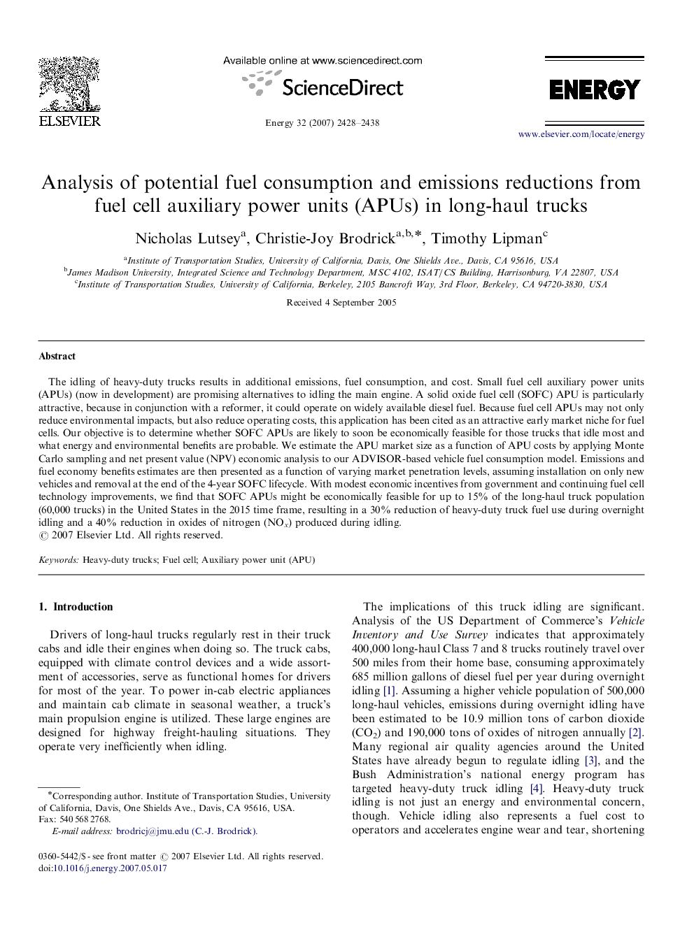 Analysis of potential fuel consumption and emissions reductions from fuel cell auxiliary power units (APUs) in long-haul trucks