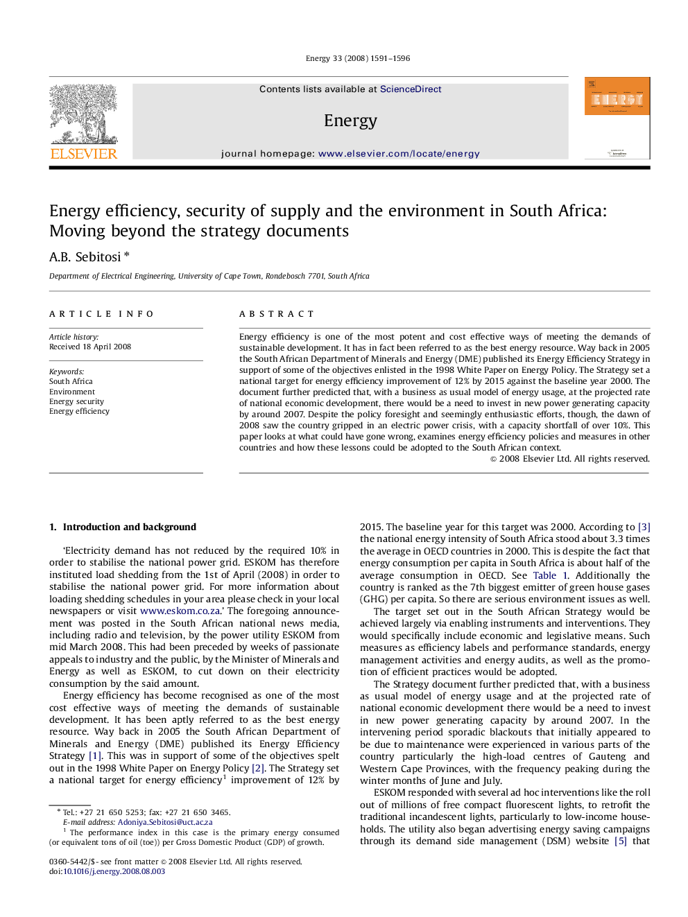 Energy efficiency, security of supply and the environment in South Africa: Moving beyond the strategy documents