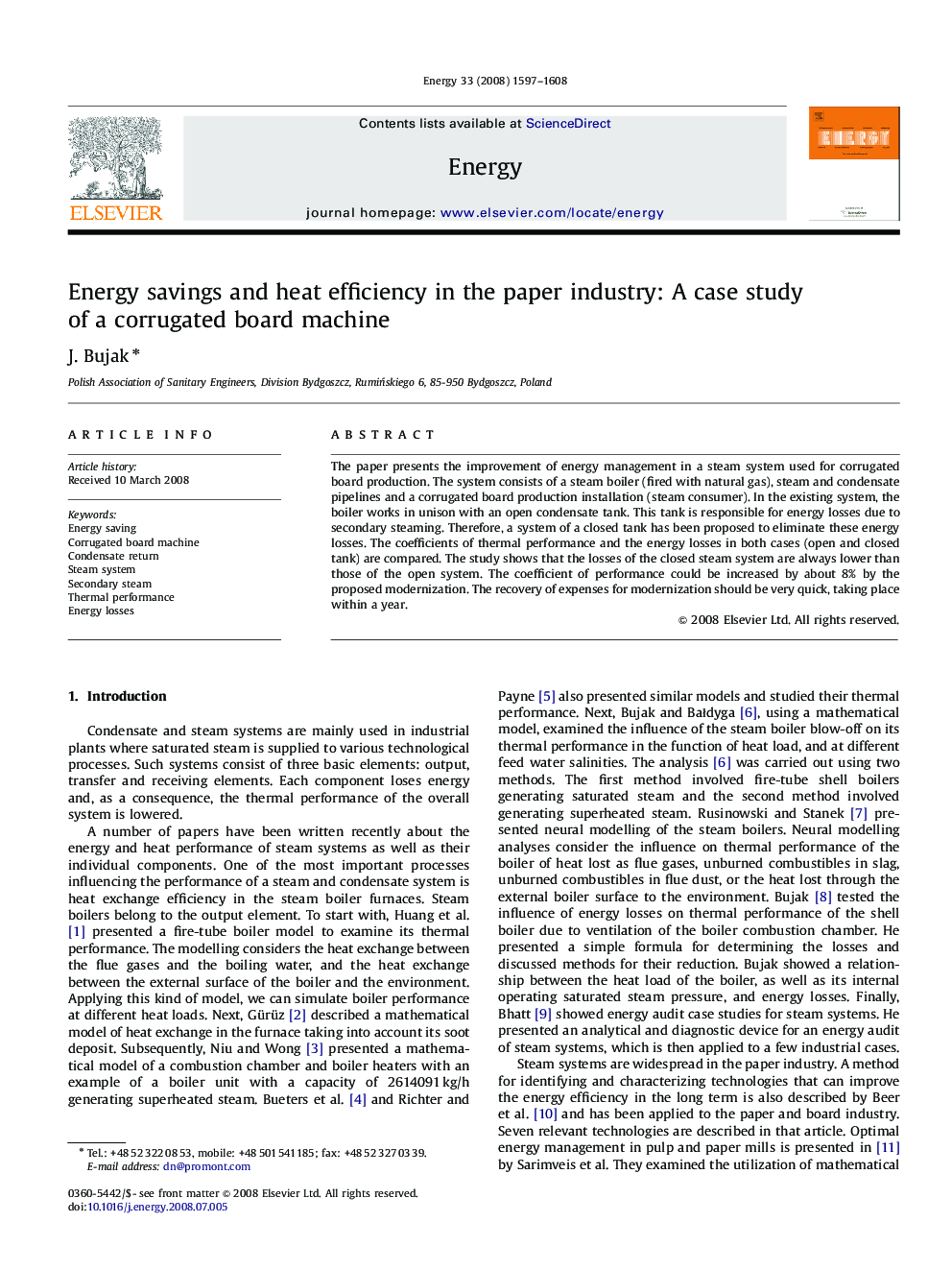 Energy savings and heat efficiency in the paper industry: A case study of a corrugated board machine