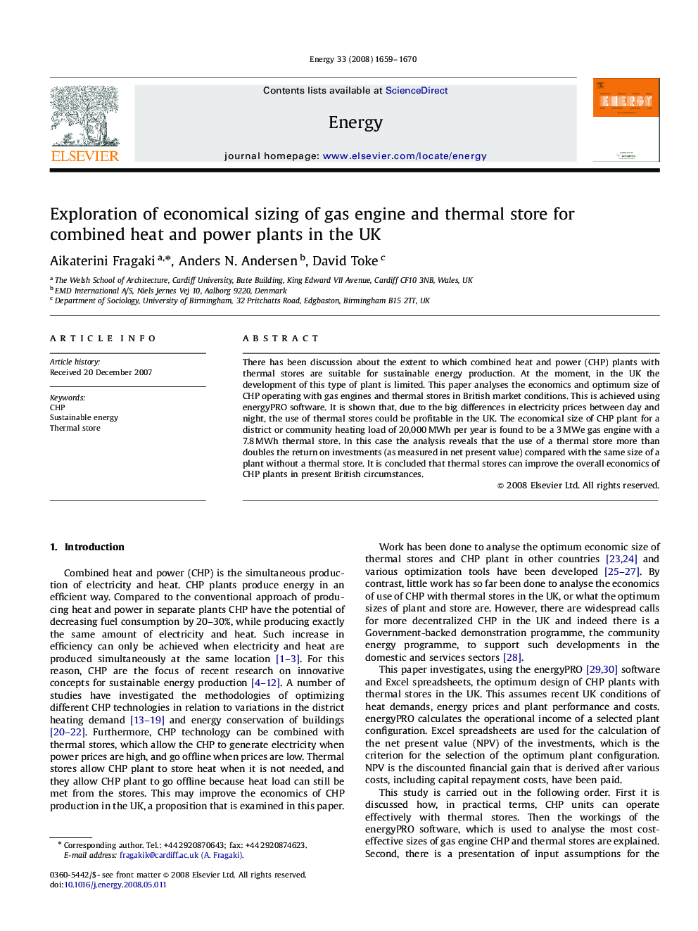 Exploration of economical sizing of gas engine and thermal store for combined heat and power plants in the UK