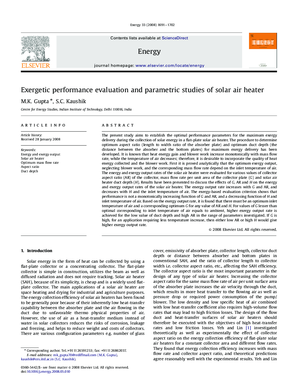 Exergetic performance evaluation and parametric studies of solar air heater