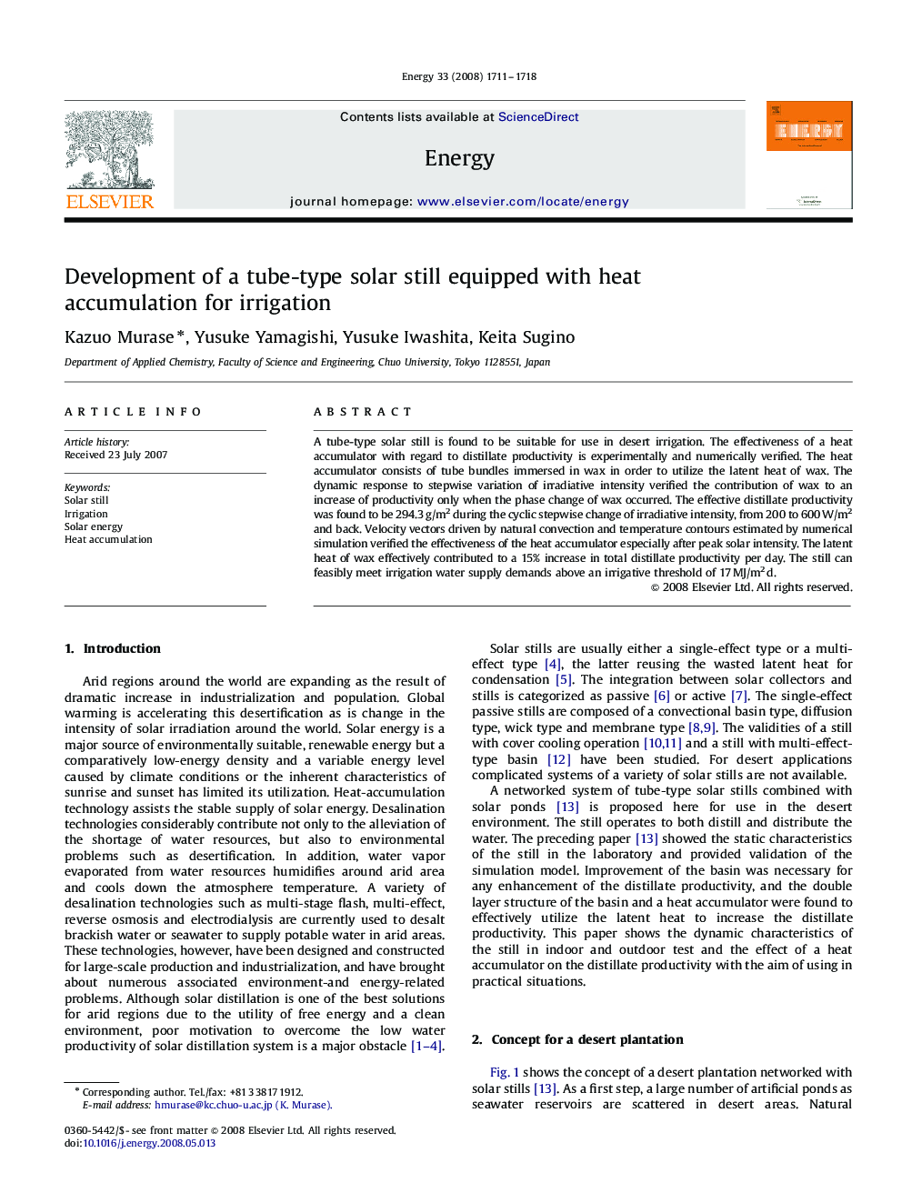 Development of a tube-type solar still equipped with heat accumulation for irrigation