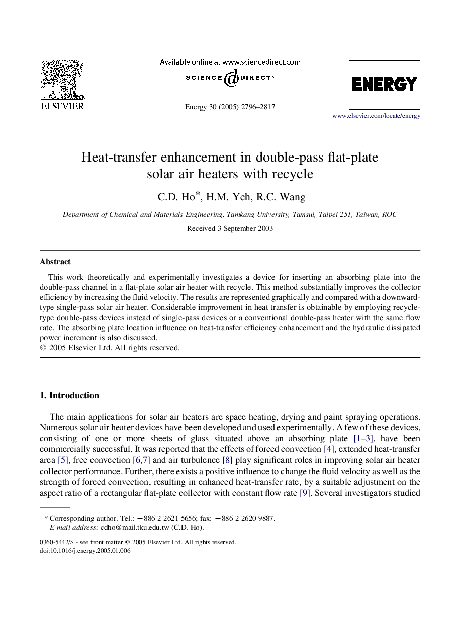 Heat-transfer enhancement in double-pass flat-plate solar air heaters with recycle