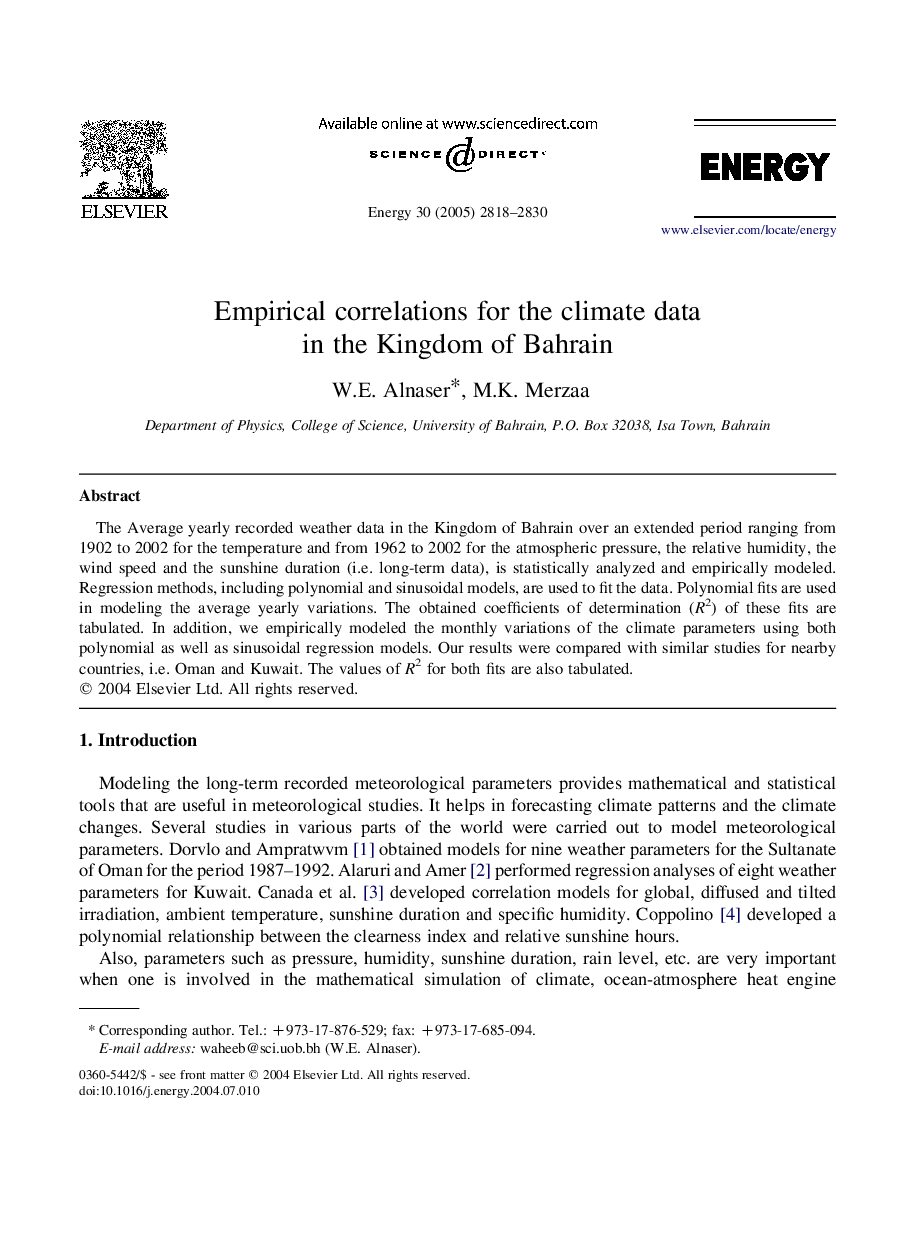 Empirical correlations for the climate data in the Kingdom of Bahrain