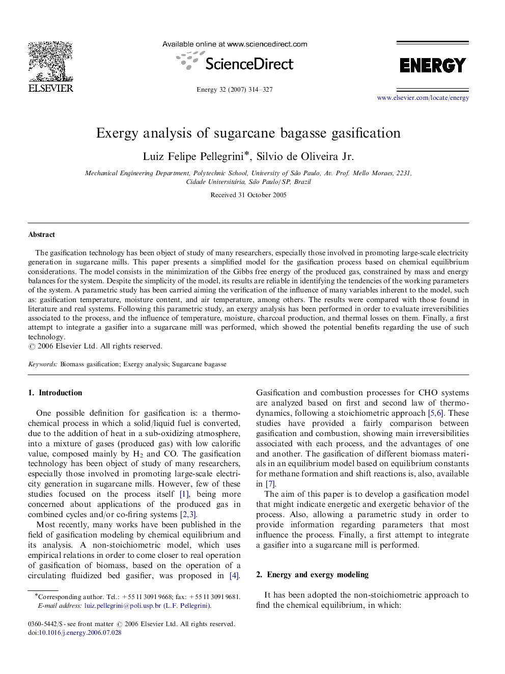 Exergy analysis of sugarcane bagasse gasification