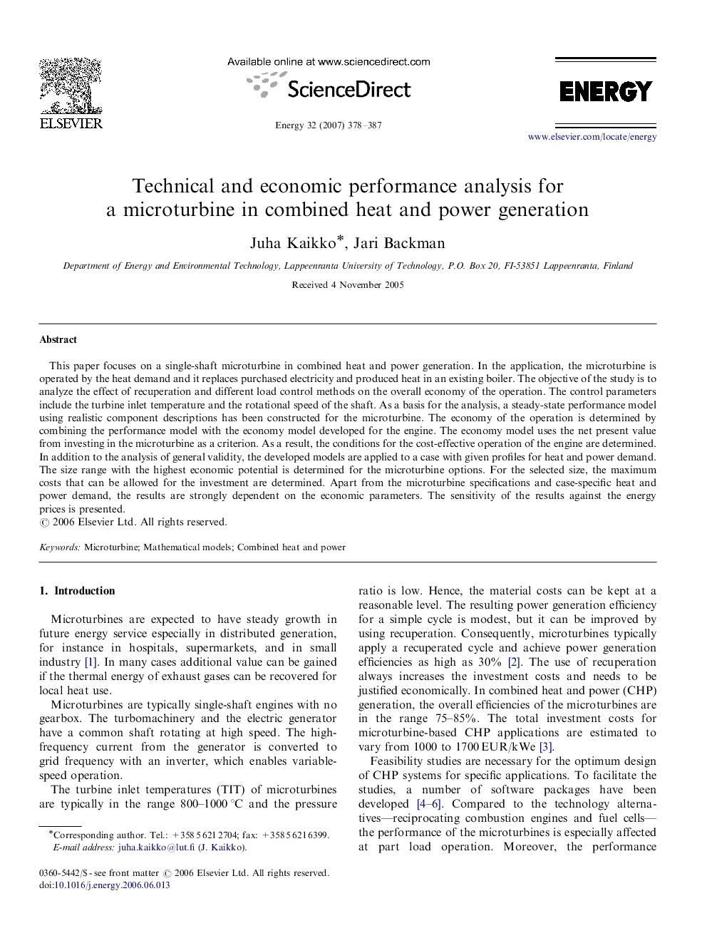 Technical and economic performance analysis for a microturbine in combined heat and power generation