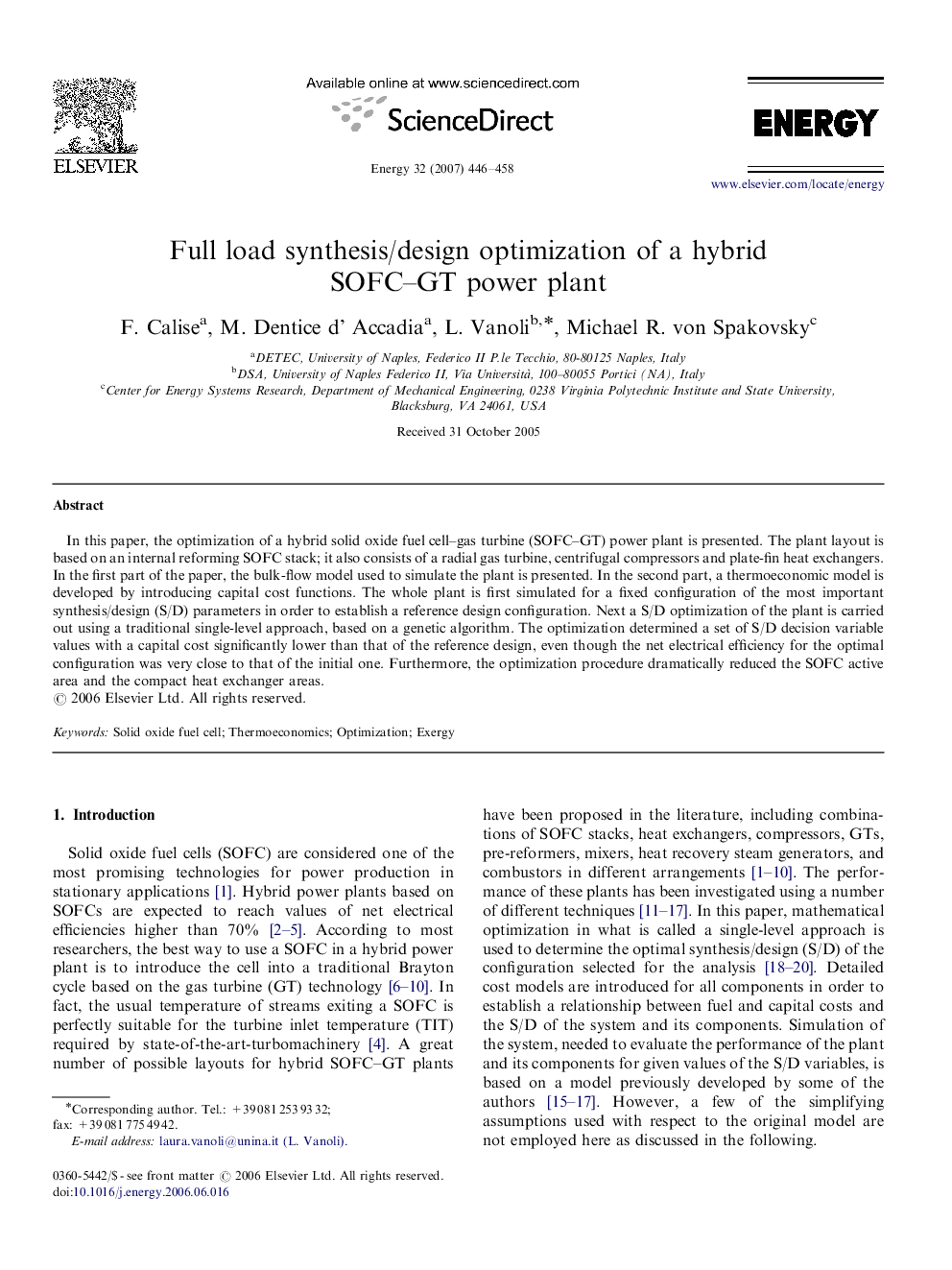 Full load synthesis/design optimization of a hybrid SOFC–GT power plant