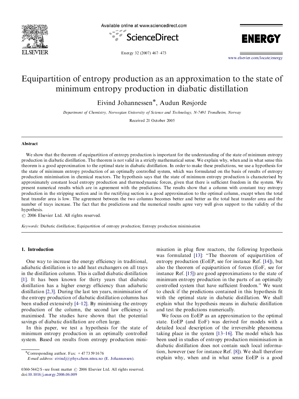 Equipartition of entropy production as an approximation to the state of minimum entropy production in diabatic distillation