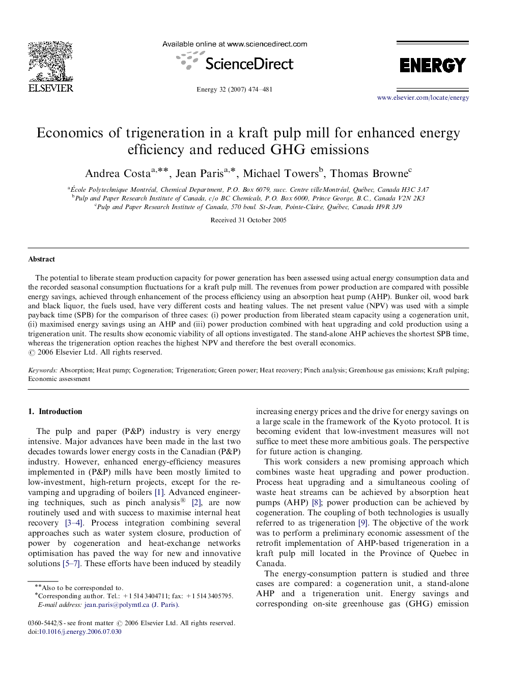 Economics of trigeneration in a kraft pulp mill for enhanced energy efficiency and reduced GHG emissions