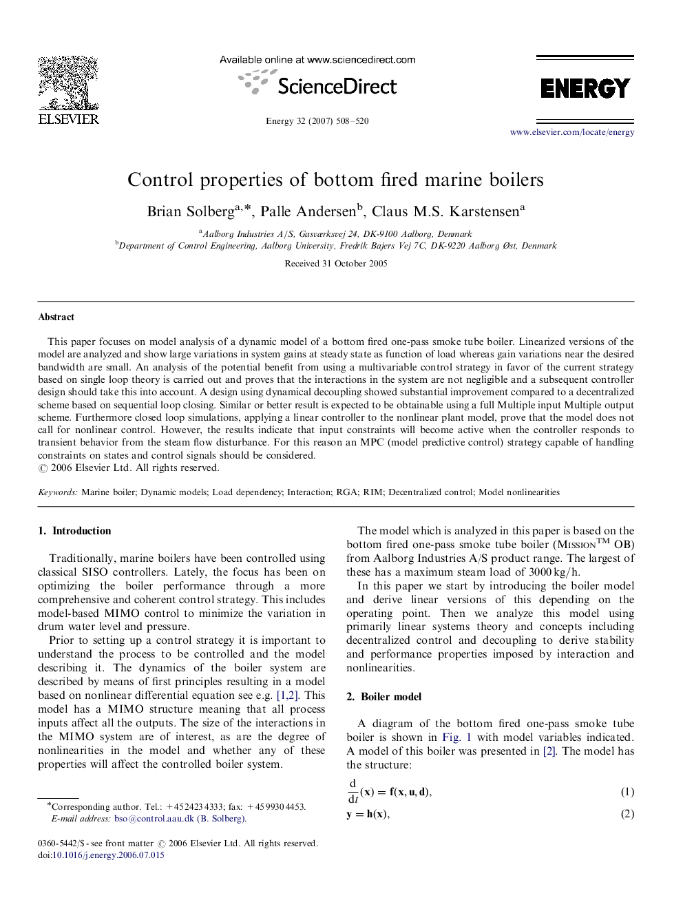 Control properties of bottom fired marine boilers