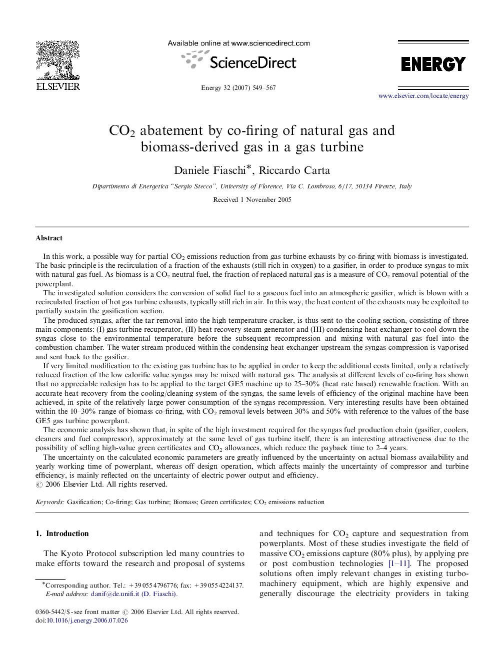 CO2 abatement by co-firing of natural gas and biomass-derived gas in a gas turbine