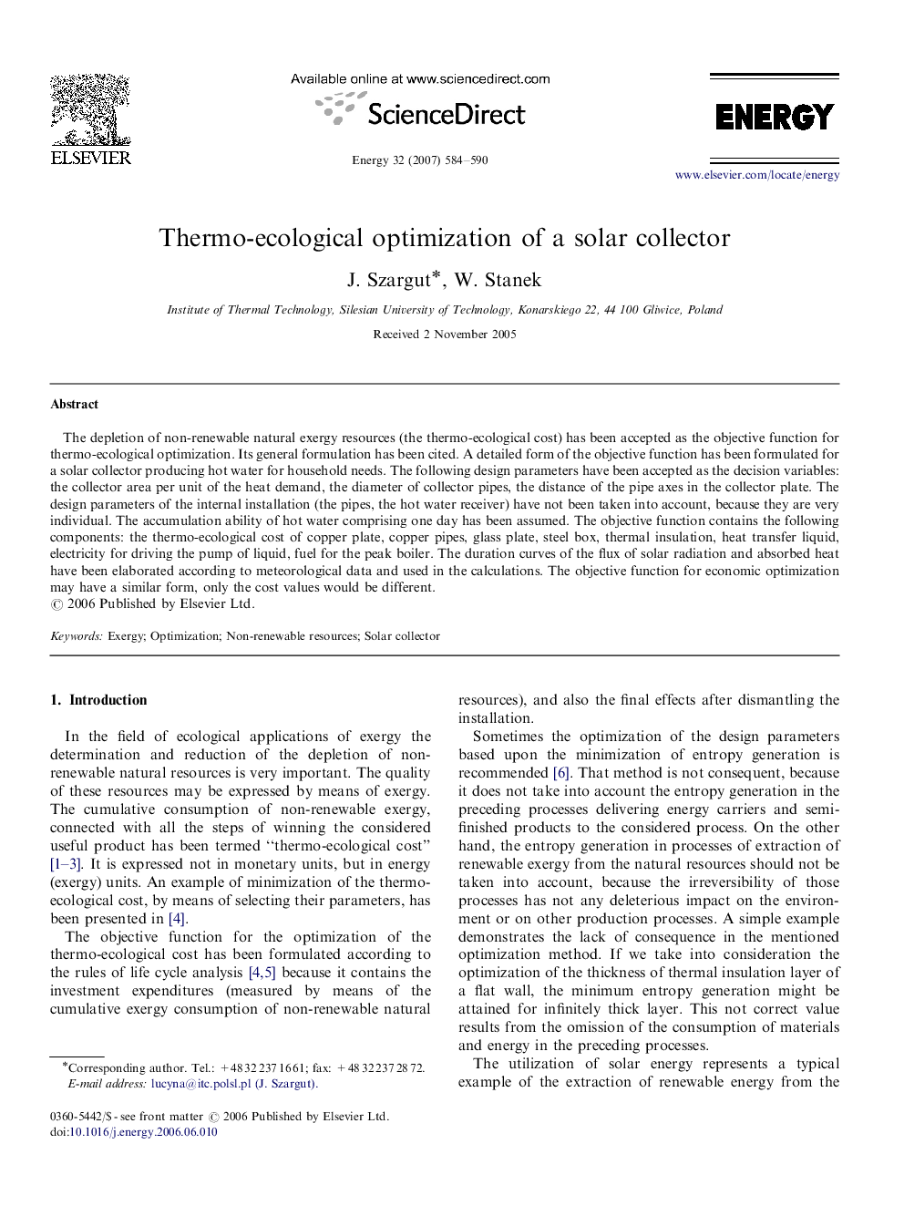 Thermo-ecological optimization of a solar collector