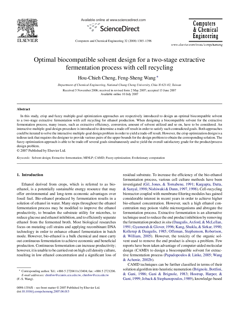 Optimal biocompatible solvent design for a two-stage extractive fermentation process with cell recycling