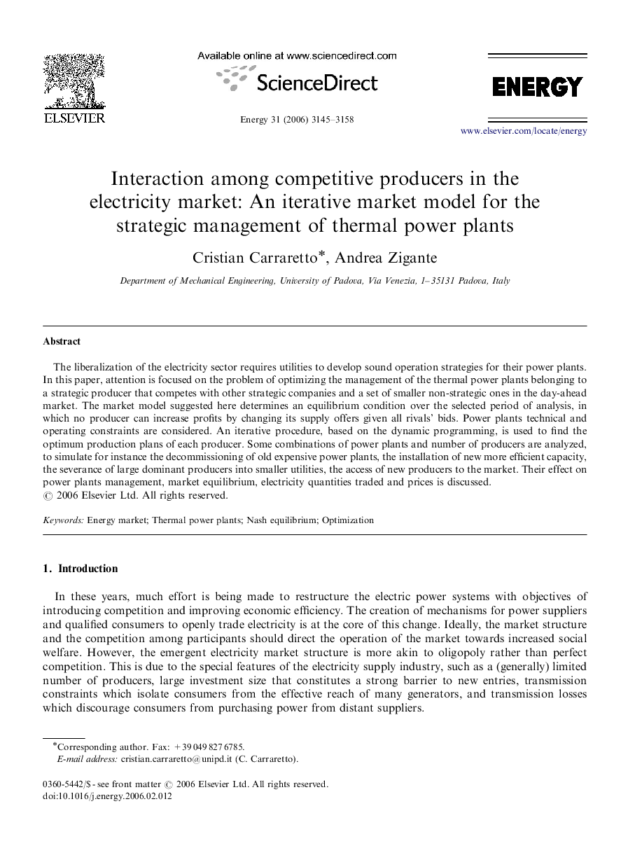 Interaction among competitive producers in the electricity market: An iterative market model for the strategic management of thermal power plants