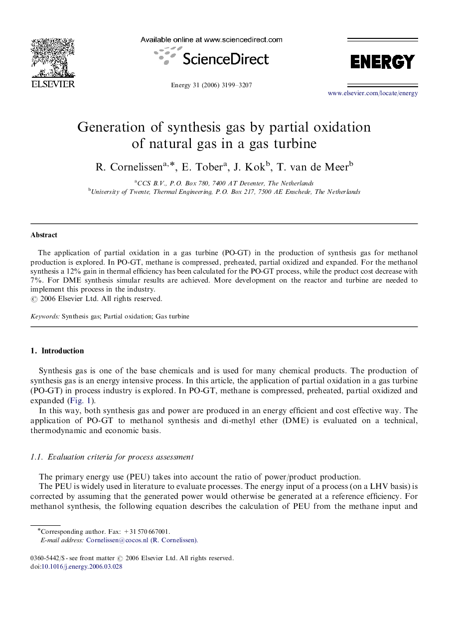 Generation of synthesis gas by partial oxidation of natural gas in a gas turbine