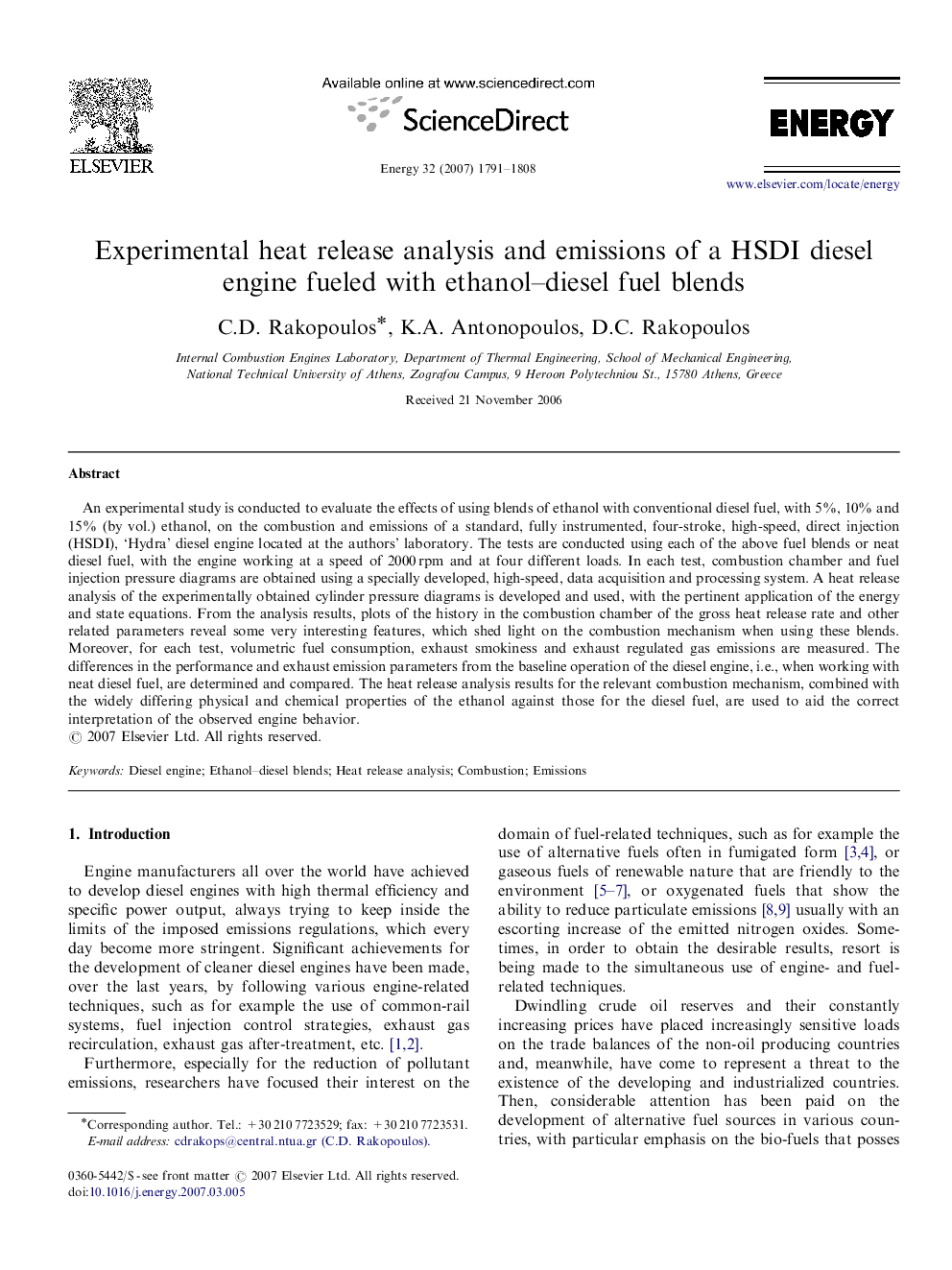 Experimental heat release analysis and emissions of a HSDI diesel engine fueled with ethanol–diesel fuel blends