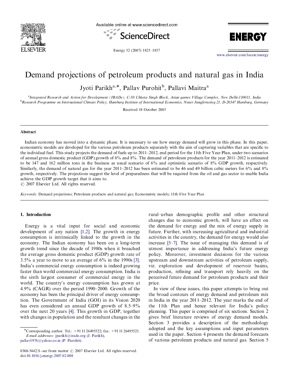 Demand projections of petroleum products and natural gas in India