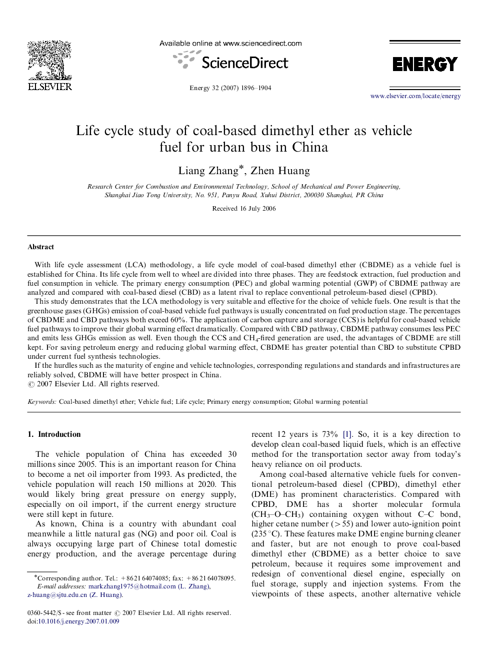 Life cycle study of coal-based dimethyl ether as vehicle fuel for urban bus in China