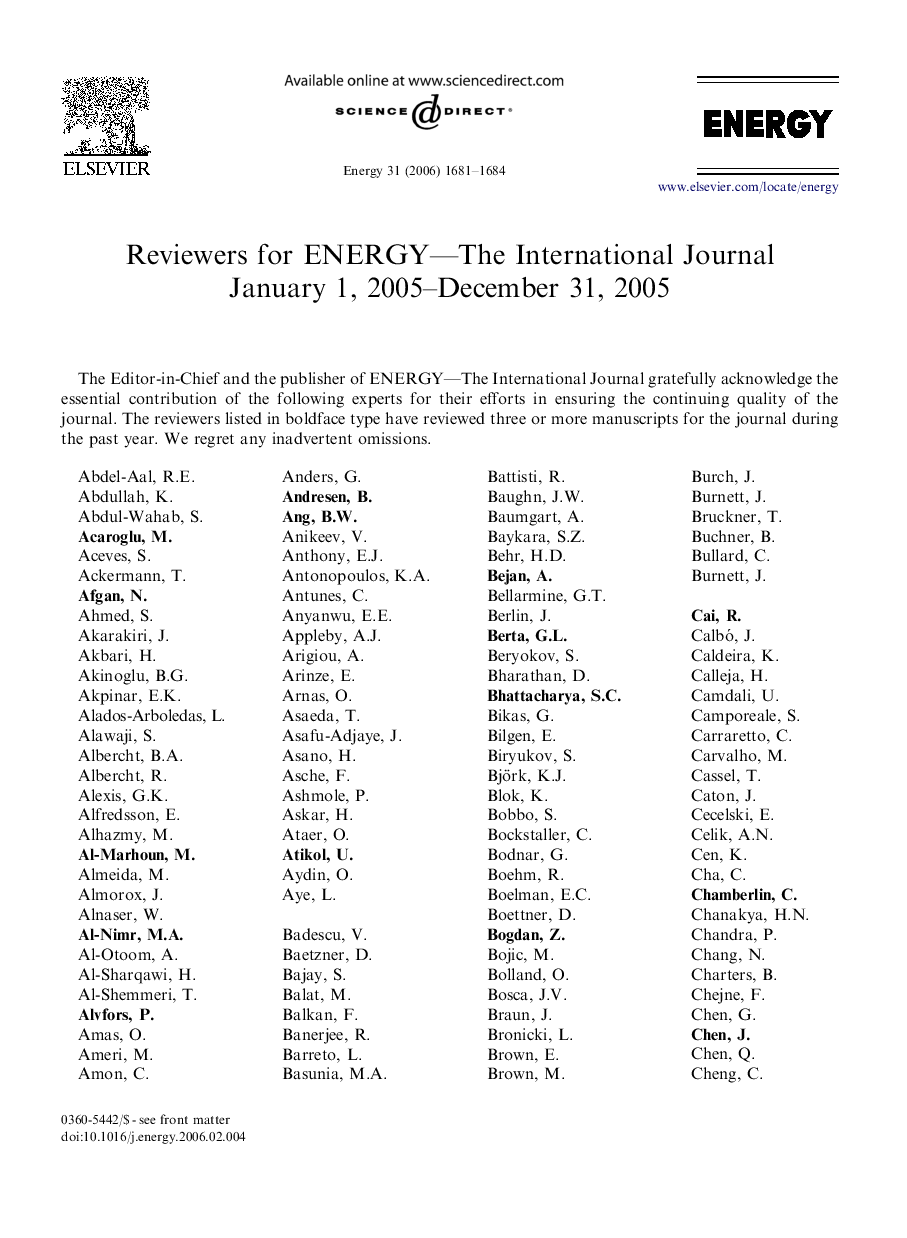 Reviewers for ENERGY -The International Journal January1, 2005-Decemeber 31, 2005