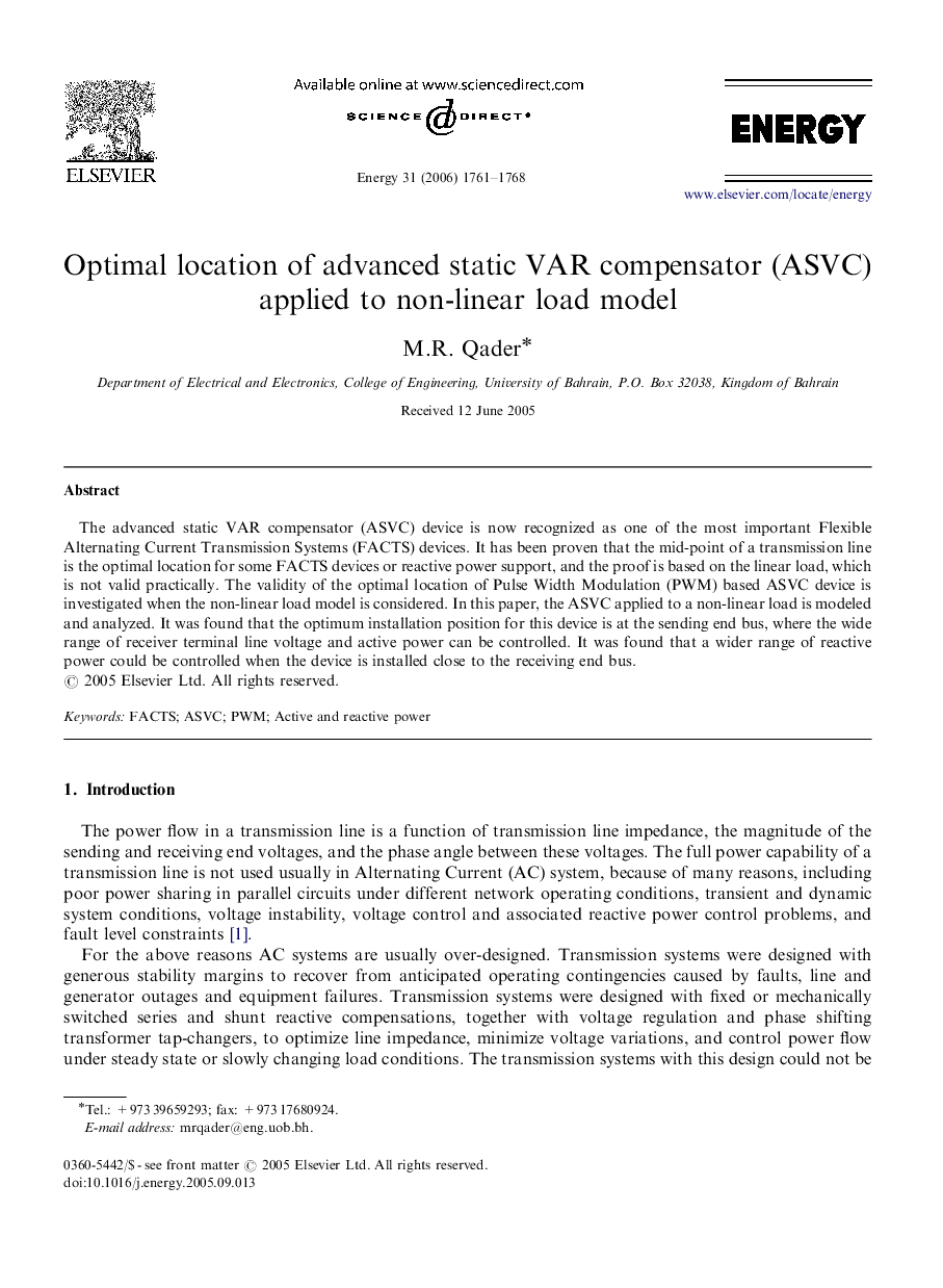 Optimal location of advanced static VAR compensator (ASVC) applied to non-linear load model