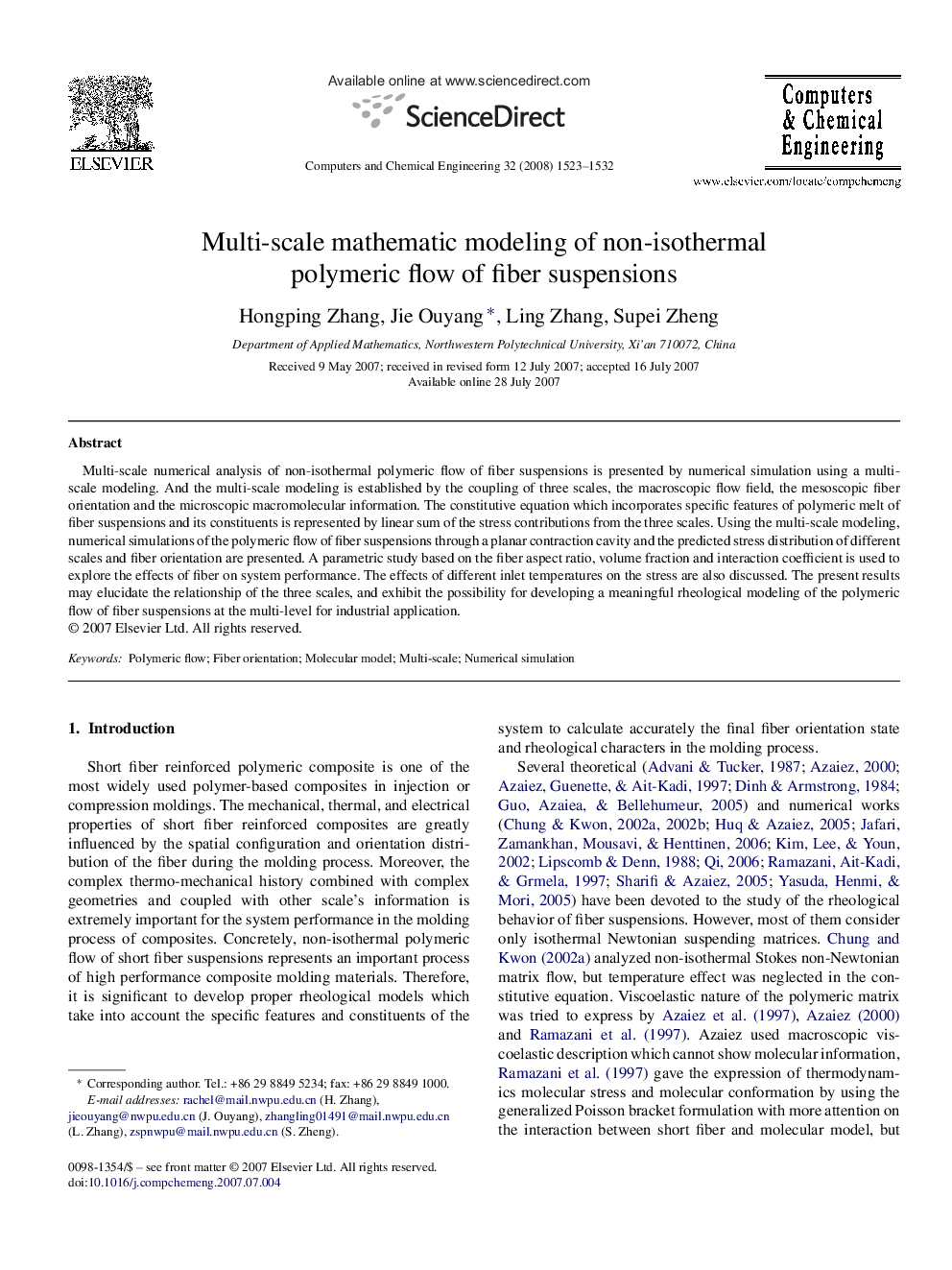 Multi-scale mathematic modeling of non-isothermal polymeric flow of fiber suspensions