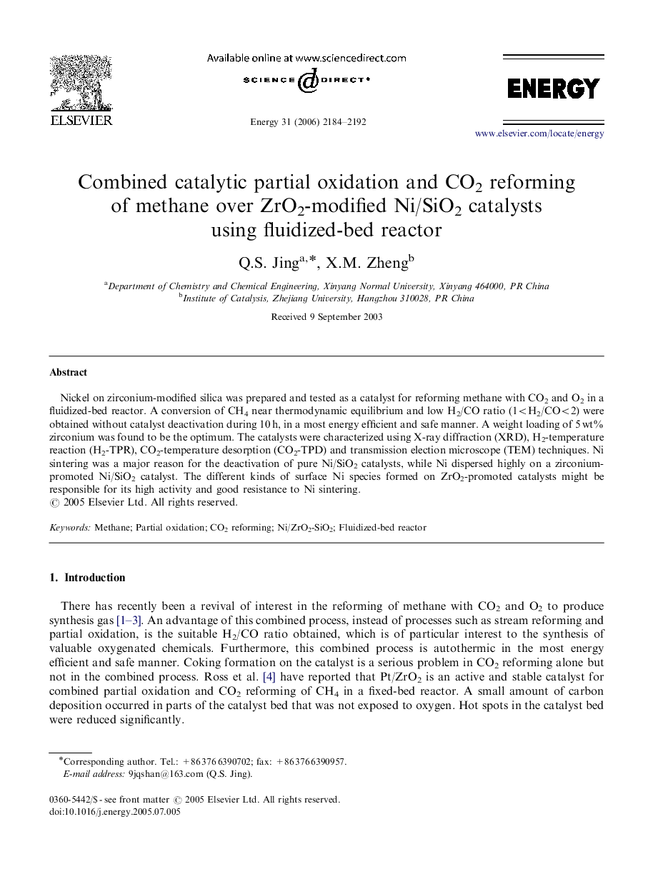 Combined catalytic partial oxidation and CO2 reforming of methane over ZrO2-modified Ni/SiO2 catalysts using fluidized-bed reactor