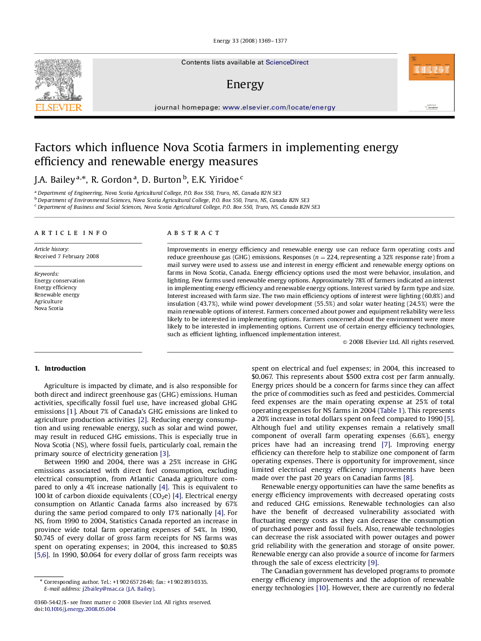 Factors which influence Nova Scotia farmers in implementing energy efficiency and renewable energy measures