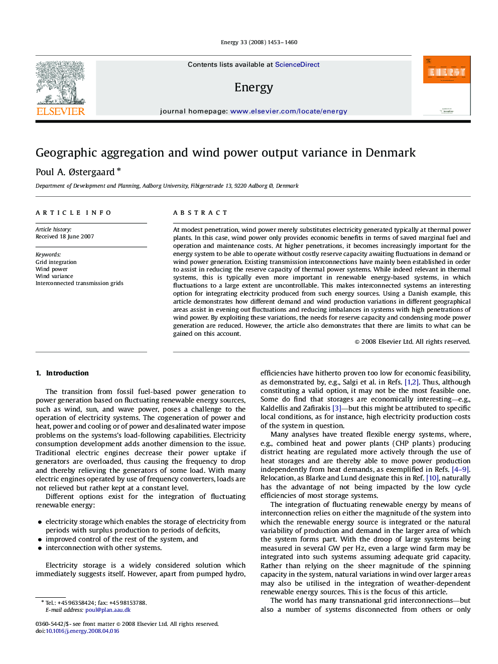 Geographic aggregation and wind power output variance in Denmark