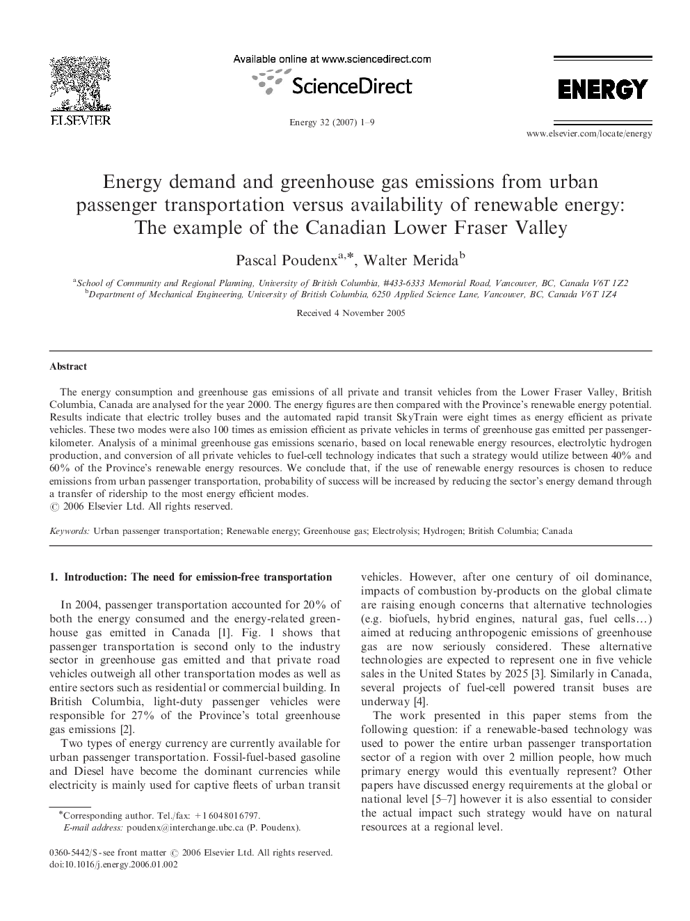 Energy demand and greenhouse gas emissions from urban passenger transportation versus availability of renewable energy: The example of the Canadian Lower Fraser Valley