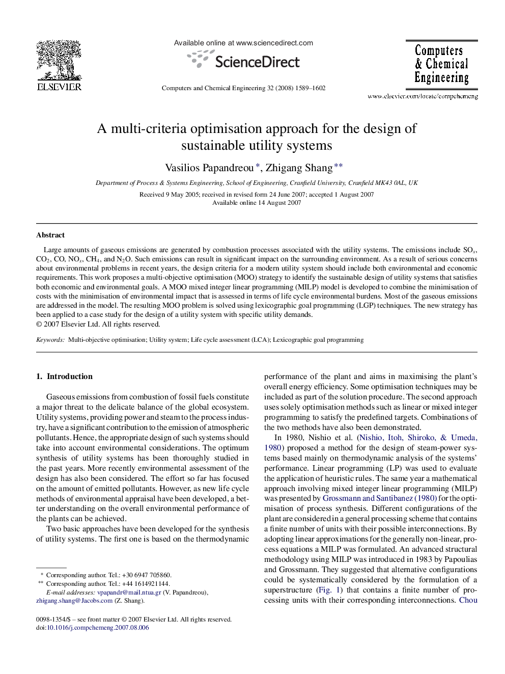 A multi-criteria optimisation approach for the design of sustainable utility systems