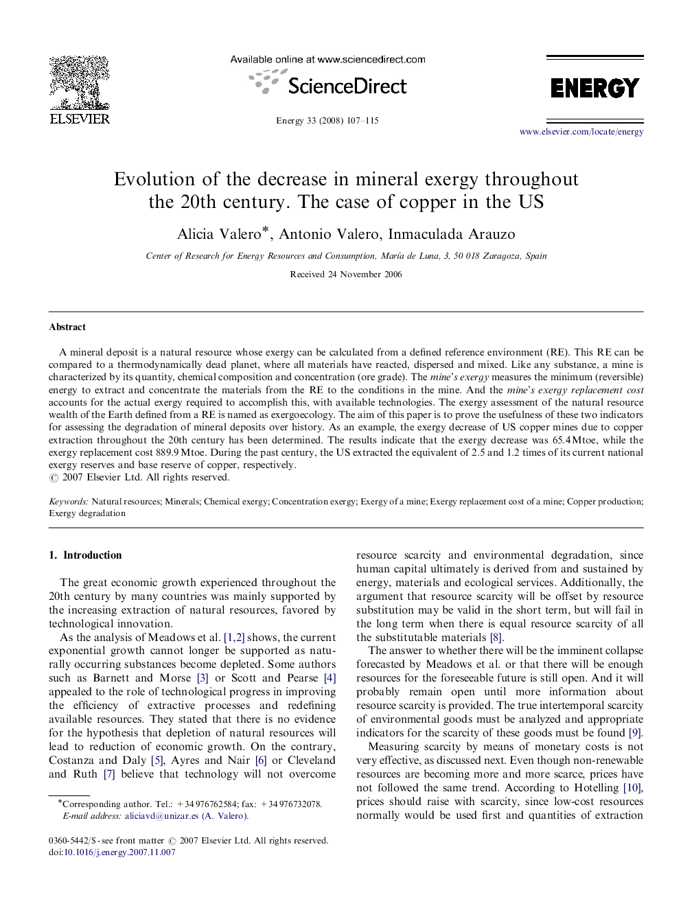 Evolution of the decrease in mineral exergy throughout the 20th century. The case of copper in the US